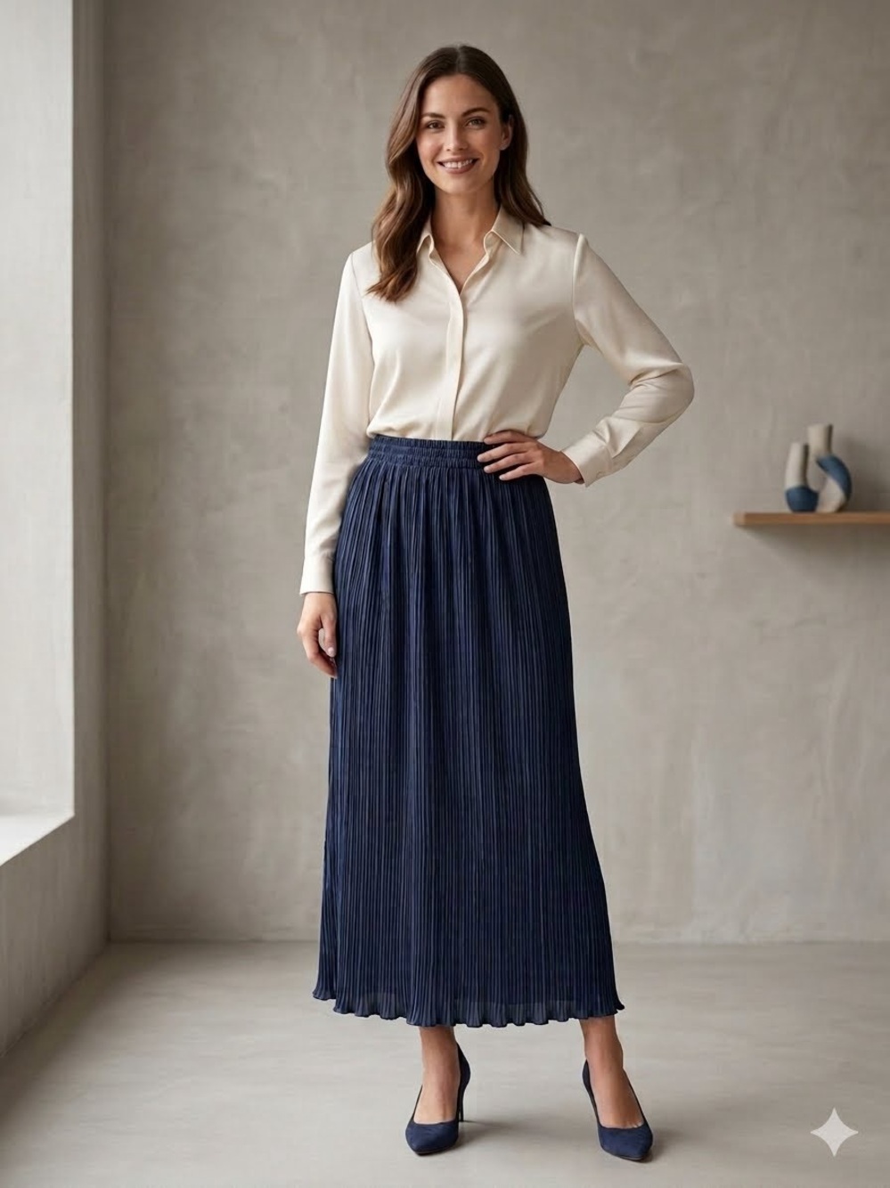 Pierre Labiche Navy Pleated Maxi Skirt Elastic Waist Elegant Flowy Chiffon 6